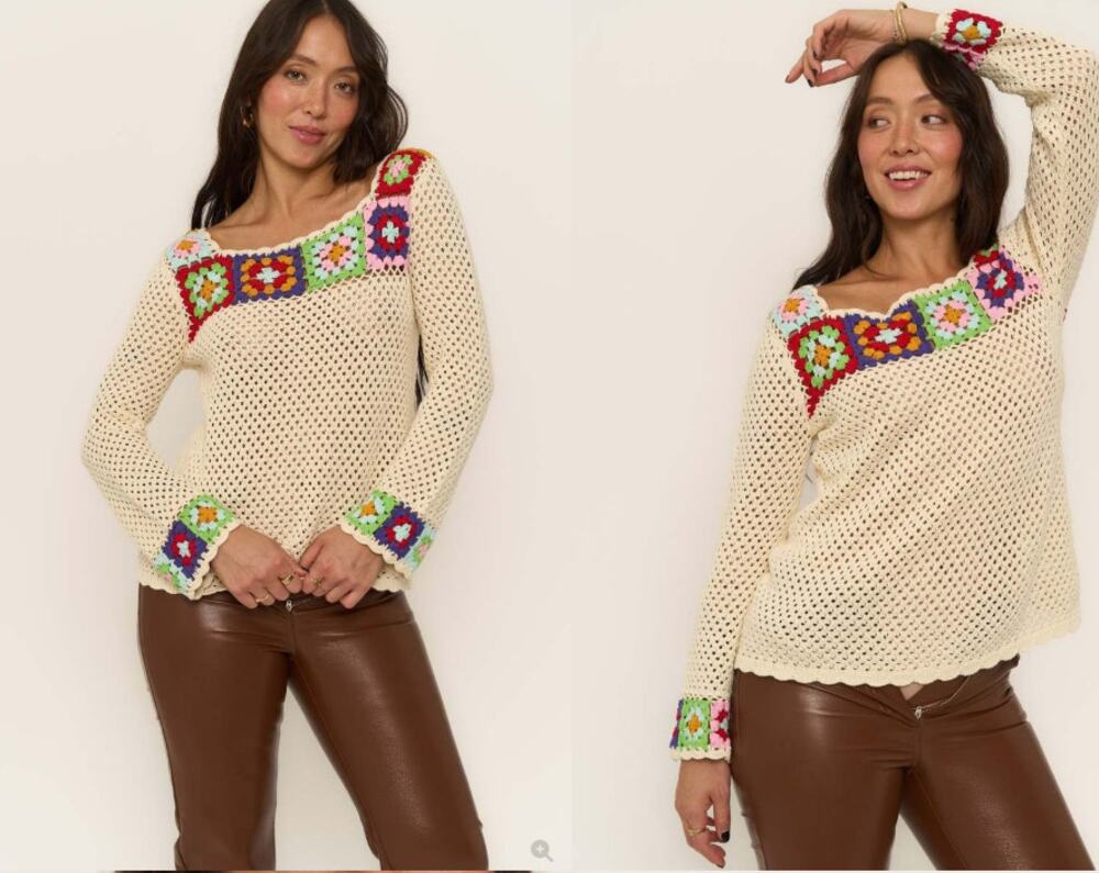 Callahan Knitwear Magda Top Crochet Granny Knit Boho Cream Multicolor Womans M
